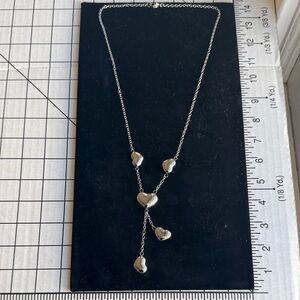 Silver Tone Puffed Heart Y Necklace Lariat Style Romantic Valentine Jewelry